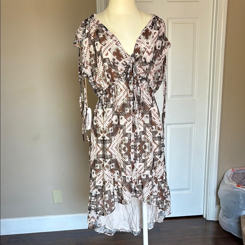 Shyanne country wear it Bohemian Print Dress in Brown and beige with green ac